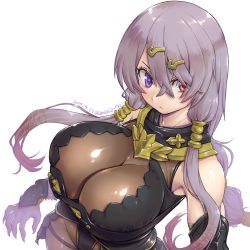 Rule 34 | 1girl, amania orz, atelier (series), atelier ryza, atelier ryza 1, belt, blue belt, breasts, cleavage, dated, hair ornament, hairclip, heterochromia, hood, hooded vest, hoodie, impossible clothes, large breasts, leather belt, lila decyrus, low twintails, purple eyes, purple hair, red eyes, shiny clothes, solo, twintails, twitter username, vest