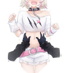 Rule 34 | 2girls, absurdres, belly grab, belt, belt collar, black collar, blonde hair, blush, collar, cropped shirt, fang, flat chest, frilled shorts, frills, fur-trimmed sleeves, fur trim, highres, hololive, hololive english, medium hair, mococo abyssgard, mococo abyssgard (1st costume), multicolored hair, multiple girls, navel, nerissa ravencroft, open mouth, pink belt, pink hair, shirt, short shorts, shorts, skin fang, spiked collar, spikes, stomach, streaked hair, torso grab, virtual youtuber, white shirt, white shorts, zeranium (zeranium17)