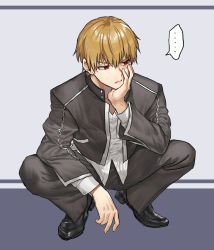 Rule 34 | ..., 1boy, black footwear, black jacket, black pants, blonde hair, closed mouth, commentary request, eyebrows hidden by hair, fate/stay night, fate (series), frown, full body, gilgamesh (fate), gilgamesh (immoral biker jacket) (fate), grey background, hair between eyes, hand on own face, highres, jacket, looking to the side, male focus, none (kameko227), pants, red eyes, slit pupils, solo, speech bubble, spoken ellipsis, squatting, white background