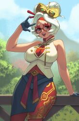 Rule 34 | 1girl, \m/, absurdres, arm support, bare shoulders, black gloves, blue sky, breasts, cloud, day, gloves, hair ornament, hand up, highres, large breasts, lips, looking at viewer, nintendo, open mouth, outdoors, purah, red-framed eyewear, red eyes, riz, round eyewear, short hair, sky, sleeveless, solo, teeth, the legend of zelda, the legend of zelda: tears of the kingdom, thick eyebrows, upper teeth only, white hair