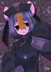 Rule 34 | 1girl, abe suke, alternate costume, animal ears, bad id, bad twitter id, chinese clothes, colored skin, floral background, hat, highres, jewelry, jiangshi, looking at viewer, mouse ears, nazrin, necklace, ofuda, purple skin, qingdai guanmao, red eyes, short hair, signature, sleeves past wrists, solo, touhou, upper body