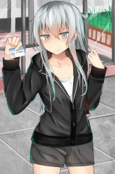 Rule 34 | 10s, 1girl, alternate costume, black jacket, black shorts, blue eyes, card, collarbone, face of the people who sank all their money into the fx (meme), hair between eyes, hibiki (kancolle), highres, holding, holding card, hood, hooded jacket, id card, ikashun, jacket, kantai collection, long hair, long sleeves, meme, shorts, silver hair, solo, verniy (kancolle)