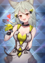 Rule 34 | 1girl, :d, bare shoulders, black collar, breasts, brown eyes, cleavage, collar, collarbone, commentary, dress, erune, fang, gloves, granblue fantasy, grey hair, hair ornament, hand up, heart, highres, looking at viewer, medium breasts, open mouth, sen (granblue fantasy), sleeveless, sleeveless dress, smile, solo, symbol-only commentary, uneg, white dress, yellow gloves