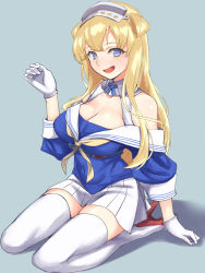 Rule 34 | 1girl, blonde hair, blue background, blue eyes, blue shirt, breasts, cleavage, commentary request, double bun, fletcher (kancolle), gloves, hair bun, hairband, high heels, highres, kantai collection, large breasts, long hair, neckerchief, off shoulder, open mouth, pleated skirt, red footwear, sailor collar, school uniform, serafuku, shingyou (alexander-13), shirt, simple background, sitting, skirt, solo, thighhighs, wariza, white gloves, white sailor collar, white skirt, white thighhighs, yellow neckerchief