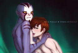 Rule 34 | 2boys, alien, bad id, bad pixiv id, ben 10, ben 10: omniverse, ben tennyson, blush, brown hair, chanti (chantilin), colored sclera, green eyes, interspecies, male focus, multiple boys, pointy ears, red eyes, rook blonko, saliva, short hair, smile, tongue, tongue out, topless male, yaoi, yellow sclera