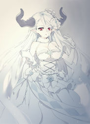 Rule 34 | 10s, 1girl, breasts, collar, detached sleeves, draph, female focus, gradient background, granblue fantasy, hat, horns, izmir, large breasts, mole, mole under eye, mole under mouth, monochrome, pale skin, parted lips, popoin, red eyes, skirt, solo, spot color, white hair