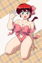 Rule 34 | 1girl, barefoot, blue eyes, blush, bow, breasts, cleavage, gender request, genderswap, large breasts, looking at viewer, mage (harumagedon), plump, ponytail, ranma-chan, ranma 1/2, red hair, ribbon, saotome ranma, solo, waving