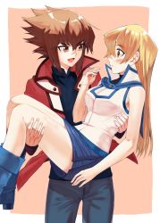 Rule 34 | 1boy, 1girl, :d, blonde hair, blue footwear, blue shirt, blue skirt, blush, breasts, brown eyes, brown hair, carrying, closed mouth, couple, duel academy uniform (yu-gi-oh! gx), eye contact, grey pants, hair between eyes, highres, jacket, large breasts, long hair, long sleeves, looking at another, miniskirt, multicolored hair, open clothes, open jacket, open mouth, pants, pencil skirt, pink background, princess carry, red jacket, rourou ill, shirt, skirt, sleeveless, sleeveless shirt, smile, straight hair, tenjouin asuka, two-tone background, two-tone hair, white background, white shirt, yu-gi-oh!, yu-gi-oh! gx, yuki judai