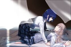 Rule 34 | 2girls, all fours, blue eyes, blue hair, blue necktie, blue skirt, brown hair, closed eyes, closed mouth, collared shirt, commentary request, curtains, half up braid, highres, indoors, leg between thighs, long hair, long sleeves, looking at another, lr6fko4upypf9hv, lying, miyagi shiori, multiple girls, necktie, on back, on bed, parted lips, pillow, plaid clothes, plaid skirt, pleated skirt, school uniform, sendai hazuki, shirt, short hair, shuuniichido classmate wo kau hanashi, skirt, socks, white shirt, white socks, yuri