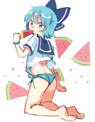 Rule 34 | 1girl, barefoot, blue bow, blue eyes, blue hair, blue panties, blue sailor collar, bow, cirno, food, full body, hair bow, ice cream, looking back, panties, paragasu (parags112), popsicle, sailor collar, shirt, short hair, simple background, sitting, solo, touhou, underwear, watermelon bar, white background, white shirt