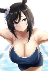 Rule 34 | 1girl, animal ears, arms behind back, backlighting, bare shoulders, black hair, blue eyes, blue one-piece swimsuit, bob cut, breasts, cleavage, closed mouth, collarbone, eishin flash (umamusume), hair ornament, halterneck, head tilt, highres, horse ears, huge breasts, ibara azuki, leaning forward, looking at viewer, one-piece swimsuit, poolside, short hair, simple background, skindentation, smile, solo, swept bangs, swimsuit, thighs, umamusume, white background