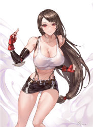 Rule 34 | 1girl, absurdres, bare shoulders, belt, black skirt, breasts, brown belt, brown hair, cleavage, clenched hand, closed mouth, collarbone, crop top, earrings, elbow gloves, elbow pads, final fantasy, final fantasy vii, fingerless gloves, gloves, highres, jewelry, large breasts, long hair, low-tied long hair, midriff, miniskirt, navel, ozma, panties, pencil skirt, red eyes, red gloves, shirt, skirt, smile, square enix, standing, stomach, suspender skirt, suspenders, swept bangs, tank top, taut clothes, taut shirt, thighs, tifa lockhart, underwear, very long hair, white panties, white tank top