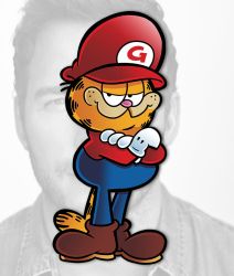 Rule 34 | 1boy, blouse, cat, chris pratt, cosplay, crossed arms, crossover, full body, garfield, garfield (character), hat, looking at viewer, mario, mario (series), nintendo, overalls, photo background, real life, red hat, red shirt, shirt, smile, standing, super mario bros. 1, tail, the super mario bros. movie