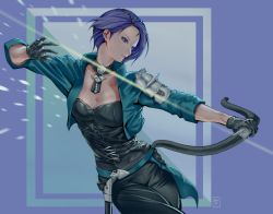 Rule 34 | 1girl, artistntraining, asymmetrical bangs, black gloves, blue eyes, blue hair, bow (weapon), breasts, choker, cleavage, closed mouth, collarbone, dagger, fire emblem, fire emblem: three houses, from side, gloves, green jacket, jacket, knife, large breasts, nintendo, open clothes, open jacket, shamir nevrand, sheath, sheathed, short hair, sleeves rolled up, solo, standing, weapon, white background