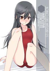 Rule 34 | 1girl, alternate breast size, artist name, black hair, blush, brown eyes, character name, collarbone, commentary request, competition swimsuit, eyes visible through hair, flat chest, full body, hair between eyes, haruna (kancolle), highres, inaba shiki, kantai collection, long hair, looking at viewer, multicolored clothes, multicolored swimsuit, one-hour drawing challenge, one-piece swimsuit, red one-piece swimsuit, shadow, simple background, sitting, solo, swimsuit, wavy mouth, white background
