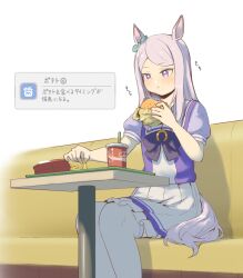 Rule 34 | 1girl, :t, animal ears, bow, bowtie, burger, closed mouth, cup, drink, ear ribbon, eating, fast food, food, food on face, french fries, green ribbon, highres, holding, holding food, horse ears, horse girl, horse tail, long hair, mejiro mcqueen (umamusume), orihika, pleated skirt, puffy short sleeves, puffy sleeves, purple bow, purple bowtie, purple hair, purple shirt, ribbon, sailor collar, shirt, short sleeves, sitting, skirt, solo, table, tail, thighhighs, translation request, umamusume, white background, white sailor collar, white skirt, white thighhighs