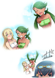 Rule 34 | 3girls, arms behind back, bare shoulders, bikini, blonde hair, blue eyes, blue hair, blush, braid, closed mouth, cloud, cloudy sky, creatures (company), dark skin, dark-skinned female, closed eyes, game freak, gen 1 pokemon, goggles, goggles on head, green eyes, green hair, grin, hair ornament, holding hands, highres, lana (pokemon), lillie (pokemon), long hair, low twintails, mallow (pokemon), multiple girls, nintendo, o o, one eye closed, pokemon, pokemon (anime), pokemon (creature), pokemon sm (anime), scared, signature, sky, smile, staryu, swimsuit, takecha, trial captain, twintails