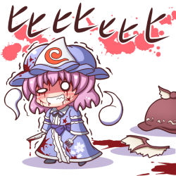 Rule 34 | 1girl, blood, blood from mouth, blood on clothes, blood on face, blood splatter, blood stain, blush, chibi, dual wielding, evil grin, evil smile, fork, grin, grouse01, hat, hitodama, holding, holding fork, holding knife, japanese clothes, knife, mob cap, mystia lorelei, obi, pink hair, saigyouji yuyuko, sash, shaded face, short hair, smile, solid circle eyes, solid oval eyes, teeth, touhou, trembling, triangular headpiece, uneven eyes