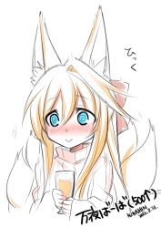 Rule 34 | 1girl, :&gt;, @ @, animal ears, blonde hair, blue eyes, blush, bow, commentary request, dated, embarrassed, fox ears, fox tail, hair bow, holding, konshin, long sleeves, multiple tails, original, red bow, ribbed sweater, signature, simple background, single hair intake, sketch, sleeves past wrists, smile, solo, sweater, tail, white background