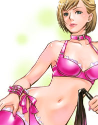Rule 34 | 00s, 1girl, blonde hair, bra, breasts, collar, female focus, final fantasy, final fantasy xi, gradient background, hume, lingerie, panties, short hair, side-tie panties, solo, thighhighs, underwear, underwear only, vuipui, whip, wristband