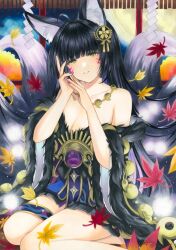 Rule 34 | 1girl, animal ear fluff, animal ears, azur lane, bare shoulders, beads, black hair, breasts, cleavage, collarbone, facial mark, fox ears, fox girl, fox tail, fur-trimmed kimono, fur trim, gem, highres, japanese clothes, jewelry, kimono, kitsune, kyuubi, large breasts, long hair, looking at viewer, low neckline, magatama, magatama necklace, marker (medium), multiple tails, musashi (azur lane), necklace, prayer beads, purple gemstone, skirt under kimono, solo, tail, traditional media, very long hair, whipberry, whisker markings, yellow eyes