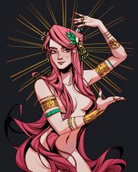 Rule 34 | 1girl, aphrodite (hades), armlet, bare shoulders, black background, bracelet, breasts, cleavage, cowboy shot, fingernails, flower, frkdlsch draws, hades (series), hair censor, hair flower, hair ornament, hand up, highres, jewelry, light smile, long fingernails, long hair, medium breasts, nail polish, navel, nude, parted bangs, pink hair, pink nails, red eyes, ring, sidelocks, solo, thighs, very long hair
