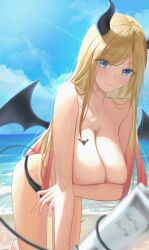 Rule 34 | 1girl, aqua eyes, arm support, arm tattoo, beach, bikini, bikini bottom only, black bikini, black horns, blonde hair, blue sky, blush, breast hold, breast tattoo, breasts, cloud, commentary request, covering nipples, covering privates, demon girl, demon horns, demon tail, demon wings, gradient hair, haro art, holding, holding with tail, hololive, horizon, horns, kneeling, large breasts, long hair, looking at viewer, lotion, multicolored hair, pink hair, prehensile tail, sand, sidelocks, sky, smile, solo, sunlight, sunscreen, swimsuit, tail, tail wrap, tattoo, virtual youtuber, water, winged heart, wings, yuzuki choco