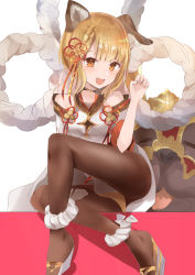 Rule 34 | 1girl, :d, absurdres, animal, animal ears, bare shoulders, black pantyhose, blonde hair, blush, braid, breasts, brown eyes, commentary request, detached sleeves, dog, dog ears, erune, fingernails, garjana, granblue fantasy, hand up, highres, long sleeves, looking at viewer, natsu (sinker8c), open mouth, pantyhose, rope, sandals, shimenawa, simple background, small breasts, smile, solo, vajra (granblue fantasy), white background, white footwear, wide sleeves