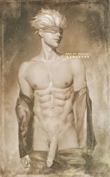 Rule 34 | 1boy, abs, art of neight, gojou satoru, highres, jujutsu kaisen, male focus, mask, mask on head, masked, penis, solo, solo focus, standing, topless male