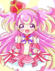 Rule 34 | 1girl, :d, blonde hair, blush, bow, brooch, crown, cure wonderful, dress, dress bow, earrings, hairband, heart, heart brooch, highres, jewelry, long hair, looking at viewer, magical girl, mini crown, multicolored hair, open mouth, pink dress, pink hair, pink skirt, pink wrist cuffs, precure, purple bow, purple eyes, purple wrist cuffs, skirt, smile, solo, star (symbol), streaked hair, two-tone hair, two side up, wonderful pact, wonderful precure!, wrist cuffs, yellow background, yoppi98ro