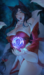 Rule 34 | 1girl, absurdres, ahri (league of legends), animal ears, bare shoulders, black hair, blurry, blurry background, breasts, cleavage, cocoro moto, cowboy shot, detached sleeves, facial mark, fox ears, fox tail, hair ribbon, hand up, highres, large breasts, league of legends, long hair, looking at viewer, magic, multiple tails, open mouth, orange eyes, ribbon, shiny skin, solo, tail, teeth, whisker markings
