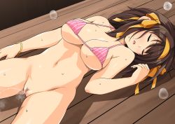 Rule 34 | 1girl, bikini, bracelet, breasts, brown hair, cleavage, close eyes, commentary request, eyes visible through hair, hairband, hand to head, haruhisky, highres, jewelry, large breasts, lying, micro bikini, navel, open mouth, peeing, solo, spread legs, string bikini, striped bikini, striped clothes, suzumiya haruhi, suzumiya haruhi no yuuutsu, sweatdrop, swimsuit, table, underboob, waiting, yellow hairband