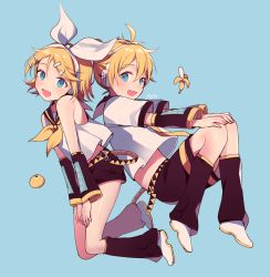 Rule 34 | 1boy, 1girl, :d, artist name, azit (down), banana, bare shoulders, belt, blonde hair, blue background, blue eyes, bow, brother and sister, detached sleeves, floating, food, fruit, hair bow, hair ornament, hairclip, hands on own knees, headphones, headset, highres, kagamine len, kagamine rin, knees together feet apart, leg warmers, looking at viewer, mandarin orange, necktie, open mouth, own hands together, sailor collar, sailor shirt, shirt, short hair, short ponytail, shorts, siblings, signature, sleeveless, sleeveless shirt, smile, treble clef, twins, vocaloid, yellow neckwear