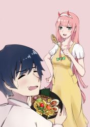 Rule 34 | 10s, 1boy, 1girl, apron, bigroll, black hair, blush, bowl, breasts, candy, collared shirt, commentary request, couple, darling in the franxx, fangs, food, green eyes, hair ornament, hairband, hand on own hip, hetero, highres, hiro (darling in the franxx), holding, holding bowl, holding food, honey, horns, long hair, long sleeves, looking at another, medium breasts, noodles, oni horns, open mouth, pink hair, pink shirt, ramen, red horns, shirt, short hair, short sleeves, sweatdrop, white hairband, white shirt, wing collar, wooden spoon, yellow apron, zero two (darling in the franxx)