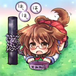 Rule 34 | 1girl, ahoge, all fours, animal ears, blush, brown eyes, brown hair, chain, chained, collar, dog ears, dog tail, eyebrows, fang, glasses, grass, kemonomimi mode, long sleeves, on ground, open mouth, outdoors, pet play, pleated skirt, pole, pote (ptkan), red-framed eyewear, school uniform, semi-rimless eyewear, shoes, skirt, solo, sweatdrop, tail, tail wagging, tears, touhou, usami sumireko