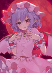 Rule 34 | 1girl, :d, bat wings, beni kurage, blue hair, blush, commentary request, cowboy shot, dress, fang, frilled shirt collar, frills, full moon, hair between eyes, hands up, hat, hat ribbon, head tilt, highres, looking at viewer, mob cap, moon, night, night sky, open mouth, pink dress, pink hat, pointy ears, puffy short sleeves, puffy sleeves, red eyes, red moon, red ribbon, red sash, remilia scarlet, ribbon, sash, short hair, short sleeves, sky, smile, solo, touhou, wings, wrist cuffs