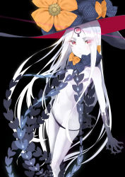 Rule 34 | 1girl, abigail williams (fate), abigail williams (third ascension) (fate), albino, bare shoulders, black background, black hat, black panties, blue bow, blue gloves, bow, claws, colored skin, commentary, eyes visible through hair, facial mark, fate/grand order, fate (series), feet out of frame, forehead mark, gloves, hat, hat bow, highres, keyhole, long hair, looking at viewer, lowleg, lowleg panties, orange bow, panties, parted bangs, polka dot, polka dot bow, red eyes, revealing clothes, simple background, slit pupils, solo, standing, third eye, throtem, topless, underwear, very long hair, white hair, white skin, witch hat