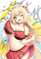 Rule 34 | 1girl, akai haato, akai haato (hololive summer 2019), arm garter, bare arms, bare shoulders, bikini, bikini pull, bikini skirt, blonde hair, blue eyes, blush, breasts, clothes pull, collarbone, drogoth, food, fruit, groin, hair bun, hair ribbon, hand up, heart, highres, hololive, large breasts, lemon, lemon slice, long hair, looking at viewer, navel, official alternate costume, one eye closed, open mouth, red bikini, red ribbon, ribbon, single hair bun, standing, stomach, swimsuit, thick thighs, thighs, tongue, two-tone background, v, v arms, very long hair, virtual youtuber, water, wavy hair, wide hips