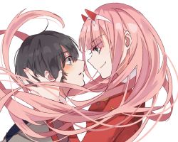 Rule 34 | 10s, 1boy, 1girl, black hair, blue eyes, blush, breasts, commentary request, couple, darling in the franxx, eyes visible through hair, face-to-face, facing another, floating hair, green eyes, hair ornament, hairband, hand on another&#039;s face, hetero, hiro (darling in the franxx), horns, long hair, long sleeves, looking at another, medium breasts, mekune, military, military uniform, oni horns, pink hair, red horns, short hair, uniform, white hairband, zero two (darling in the franxx)