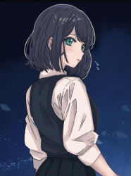 Rule 34 | 1girl, absurdres, aqua eyes, black skirt, black sweater vest, blue background, blue hair, blush, closed mouth, collared shirt, commentary request, crying, crying with eyes open, from behind, highres, kurokawa akane, looking at viewer, looking back, medium hair, oshi no ko, pleated skirt, puffy sleeves, redapplicot, school uniform, shirt, sidelocks, skirt, solo, sweater vest, tears, white shirt