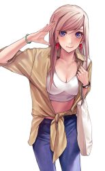 Rule 34 | 1girl, applekun, bag, blue eyes, blush, breasts, casual, cleavage, crop top, denim, earrings, fate/grand order, fate (series), fingernails, highres, jeans, jewelry, leaning forward, long fingernails, long hair, midriff, miyamoto musashi (fate), pants, pink hair, salute, shirt, smile, solo, tied shirt, watch, white background, white shirt, wristwatch