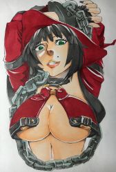 Rule 34 | 1girl, absurdres, arm strap, arms up, black gloves, black hair, black nails, breasts, buckle, center opening, chain, chained wrists, cleavage, collar, crop top, cuffs, fingerless gloves, fingernails, gloves, green eyes, grin, guilty gear, halterneck, hat, highres, i-no, large breasts, lipstick, long fingernails, long sleeves, looking at viewer, makeup, marker (medium), mole, nail polish, navel, no bra, o-ring, o-ring top, ooya (moment-a-rhythm004), short hair, simple background, smile, solo, traditional media, underboob, upper body, white background, witch hat