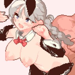 Rule 34 | 1boy, 1girl, animated, animated gif, blue eyes, breasts, clothed female nude male, cum, ejaculation, fire emblem, fire emblem fates, grabbing another&#039;s hair, grey hair, looping animation, meme attire, momiahair, nina (fire emblem), nintendo, nipples, nude, pixel art, rabbit ears, reverse bunnysuit, reverse outfit, sex, sex from behind, simple background, twintails, video