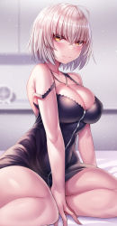 Rule 34 | 1girl, absurdres, black dress, blush, breasts, cleavage, closed mouth, dress, fate/grand order, fate (series), highres, jeanne d&#039;arc (fate), jeanne d&#039;arc alter (fate), jeanne d&#039;arc alter (ver. shinjuku 1999) (fate), jewelry, looking at viewer, nano (syoutamho), necklace, official alternate costume, on bed, short dress, short hair, silver hair, sitting, wicked dragon witch ver. shinjuku 1999, yellow eyes