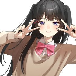 Rule 34 | 1girl, asahiru yorumu, black eyes, black hair, black nails, blush, bow, bowtie, brown sweater, closed mouth, collared shirt, double v, hands up, long hair, long sleeves, looking at viewer, nail polish, nijisanji, pink bow, pink bowtie, portrait, school uniform, shirt, sidelocks, simple background, smile, solo, sweater, tsukino mito, two side up, v, v-neck, v over eye, virtual youtuber, white background, white shirt