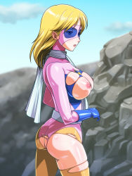 Rule 34 | 1girl, animification, ass, battle fever j, blonde hair, breasts, gloves, large breasts, leotard, long hair, mask, monteriakitto, nipples, original, pantyhose, rock, scarf, solo, super sentai, superhero costume, torn clothes, torn pantyhose