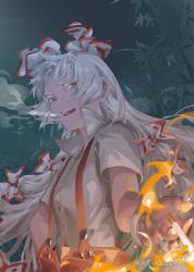 Rule 34 | 1girl, absurdres, bamboo, bow, buttons, chinese commentary, cigarette, cike-, commentary, copyright notice, eyelashes, fingernails, fire, fujiwara no mokou, hair bow, hand in pocket, highres, holding, holding cigarette, long hair, looking at viewer, open mouth, pants, pyrokinesis, red eyes, red pants, shirt, short sleeves, smoke, smoking, solo, suspenders, teeth, touhou, upper body, upper teeth only, very long hair, white bow, white hair, white shirt