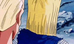 Rule 34 | 1boy, 1girl, action, android 18, animated, animated gif, building, dragon ball, dragonball z, lowres, muscular, punching, screencap, surprised, trunks (dragon ball), wall
