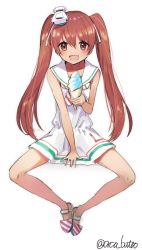 Rule 34 | 1girl, brown eyes, brown hair, dark-skinned female, dark skin, dress, fang, food, hat, highres, ice cream, ice cream cone, invisible chair, kantai collection, knees apart feet together, libeccio (kancolle), long hair, looking at viewer, open mouth, sailor dress, simple background, sitting, skin fang, sleeveless, sleeveless dress, solo, spread legs, striped, twintails, twitter username, white background, yamashichi (mtseven)