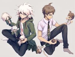 Rule 34 | 2boys, absurdres, ahoge, aji kosugi, black pants, breast pocket, brown hair, button eyes, buttons, chain, coat, collarbone, commentary request, danganronpa (series), danganronpa 2: goodbye despair, danganronpa another episode: ultra despair girls, doll, green coat, green neckwear, grey background, grey hair, grey legwear, halftone, halftone background, highres, hinata hajime, holding, holding doll, identity v, indian style, knee up, komaeda nagito, long sleeves, male focus, messy hair, multiple boys, necktie, no shoes, open clothes, open coat, open mouth, pants, pocket, print shirt, servant (danganronpa), shirt, short hair, short sleeves, sitting, socks, white hair, white legwear, white shirt